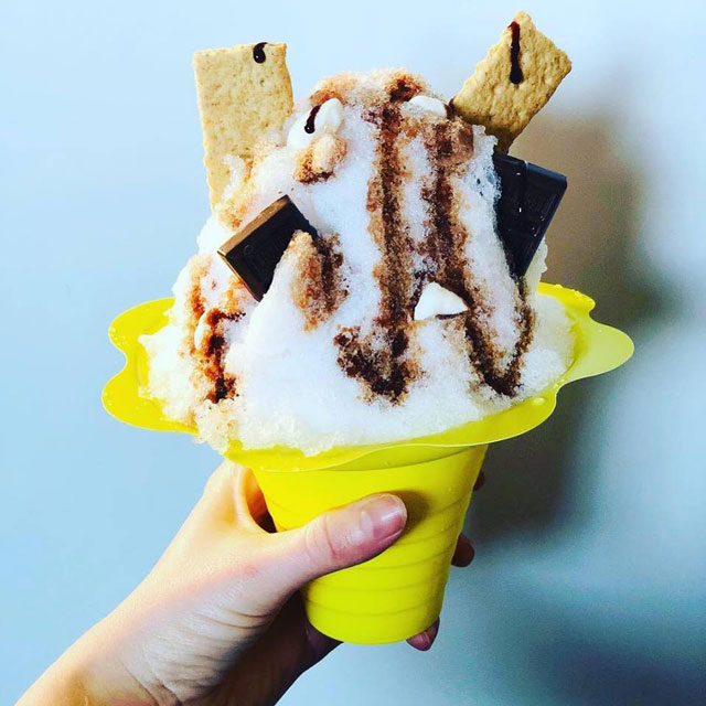 Shaved ice with marshmallow, chocolate, and graham crackers